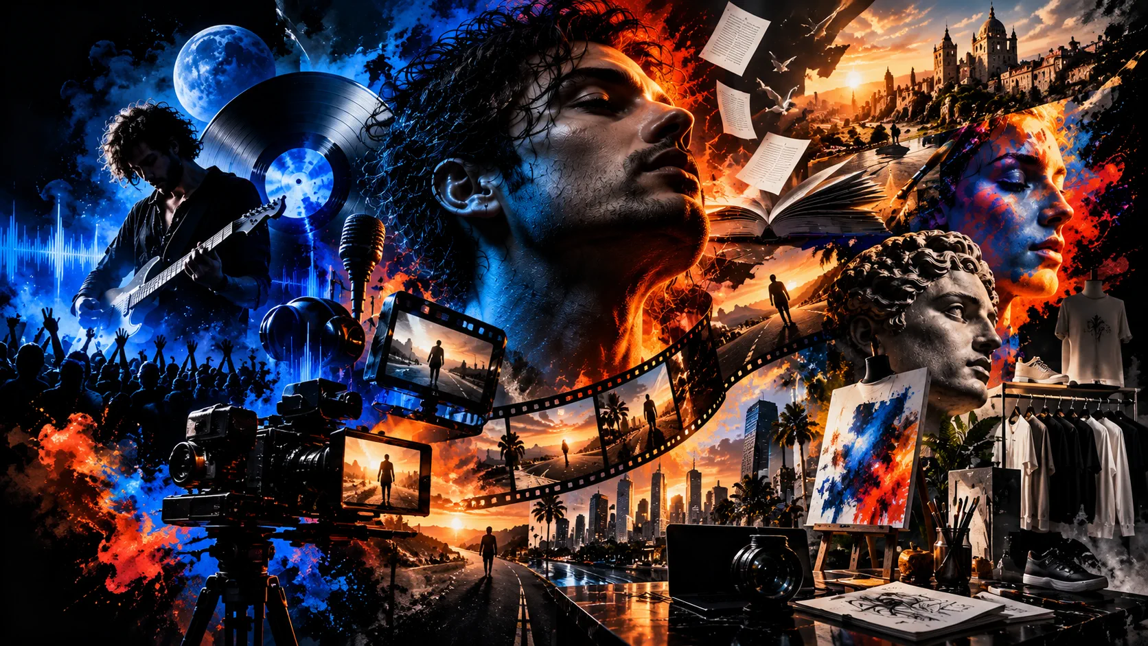 Creative universe collage — music, film, story, art and brand worlds